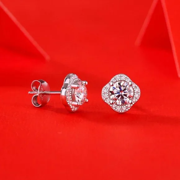Certified 1ct. t.w. Moissanite Diamond Clover Halo Stud Earrings NEW - Picture 4 of 13